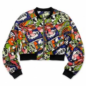 Pop Art Comic Book Print Cropped Bomber Jacket Womens Medium Zip Up Streetwear